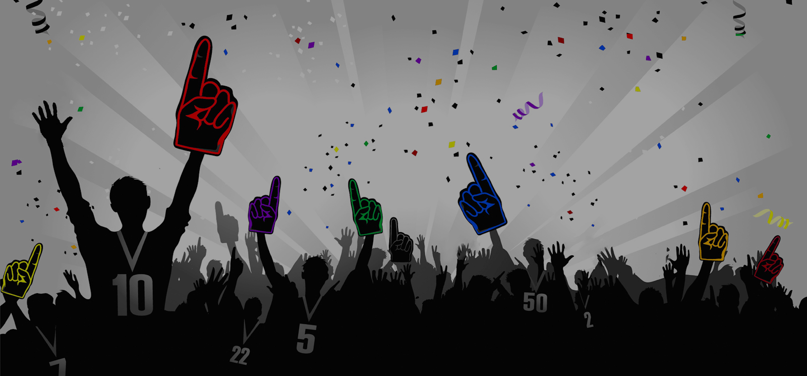 sports fan silhouettes holding multiple team foam fingers